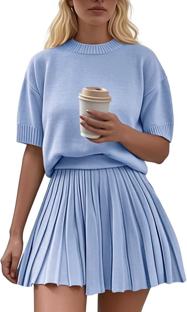 Detalle de Jenisso Women’s 2-Piece Outfit Set (Short Sleeve Crewneck Knit Top + Pleated Mini Skirt)