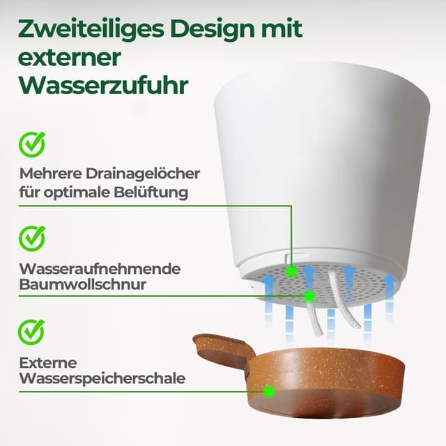 Detalle de T4U set da 3 vasi autoirriganti da esterno/interno 16,5 cm (bianchi) con sottovasi e corda in cotone