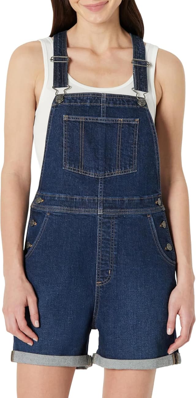 Detalle de Amazon Essentials Damen Denim-Short-Overall mit Stretch & verstellbaren Trägern (Relaxed Fit)