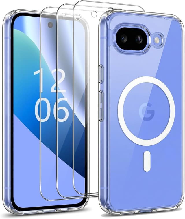 Detalle de Coque magnétique jrester pour Google Pixel 10a + 3 protections écran en verre trempé (transparent)