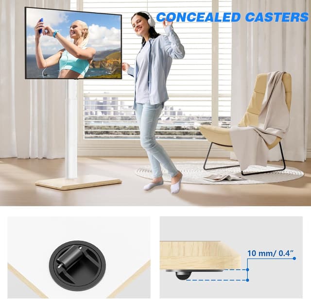 Detalle de 5Rcom Rollbarer TV-Ständer mit verdeckten Rollen, schwenkbar & höhenverstellbar (24–55 Zoll, bis 30 kg, VESA max. 400×400) – weiß