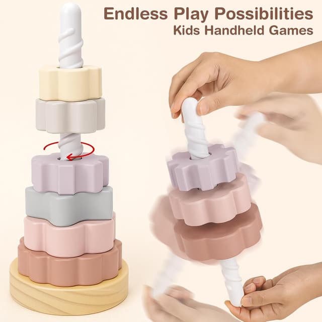 Detalle 2 de Joyreal Wooden Spinning Stacking Tower Toys – Rainbow Ring Stacker (Montessori-inspired cause & effect toy)