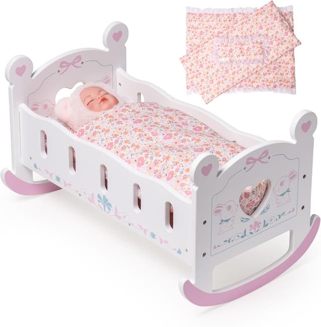 Detalle de ROBOTIME Wooden Baby Doll Crib for 18-24 Inch Dolls (with blanket and pillow) — rocker doll cradle bed
