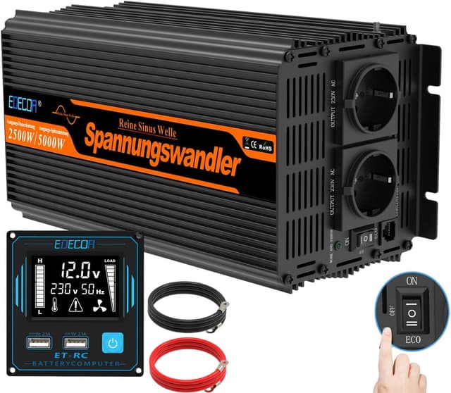 Detalle de EDECOA Power Inverter 12V→220V onda sinusoidale pura 2500W con telecomando