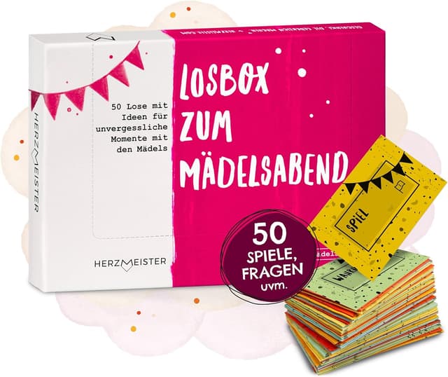 Detalle de Herzmeister Losbox „Geschenk für Beste Freundinnen“ mit 50 Fragen & lustigen Aufgaben für Mädelsabend