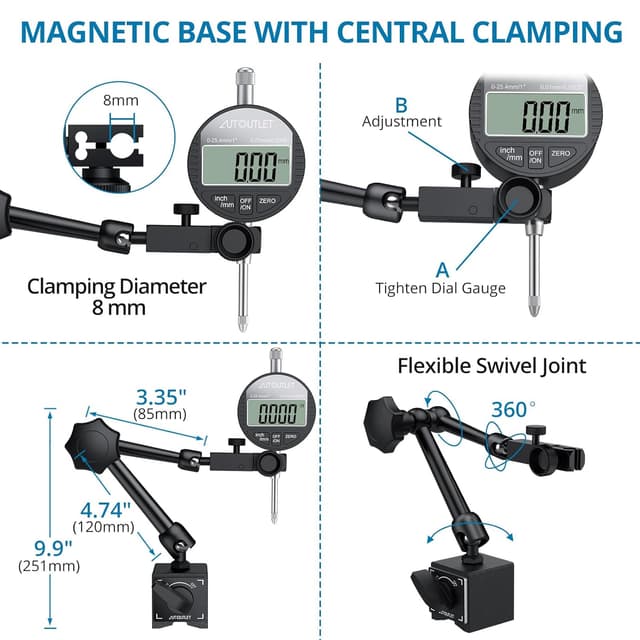 Detalle de Electronic Digital Dial Indicator Gage with 132lbs Magnetic Base, 0-1 Inch (25.4mm) | Switchable Metric/Imperial