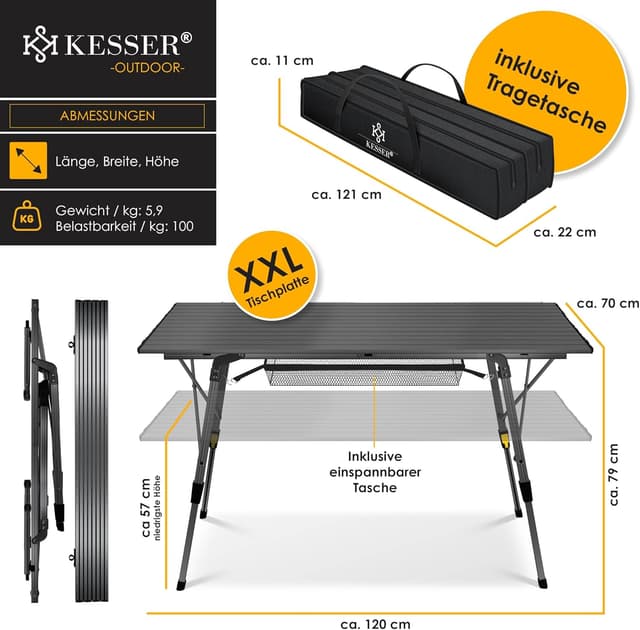 Detalle de KESSER® faltbarer Campingtisch mit Aluminiumrahmen, höhenverstellbar und Tragetasche (120 x 70 cm)