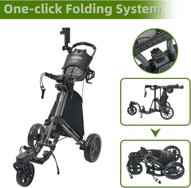 Detalle 2 de FLAGTAG 3-Wheel Golf Push Cart with 360 Swivel Front Wheel and One-Click Fold