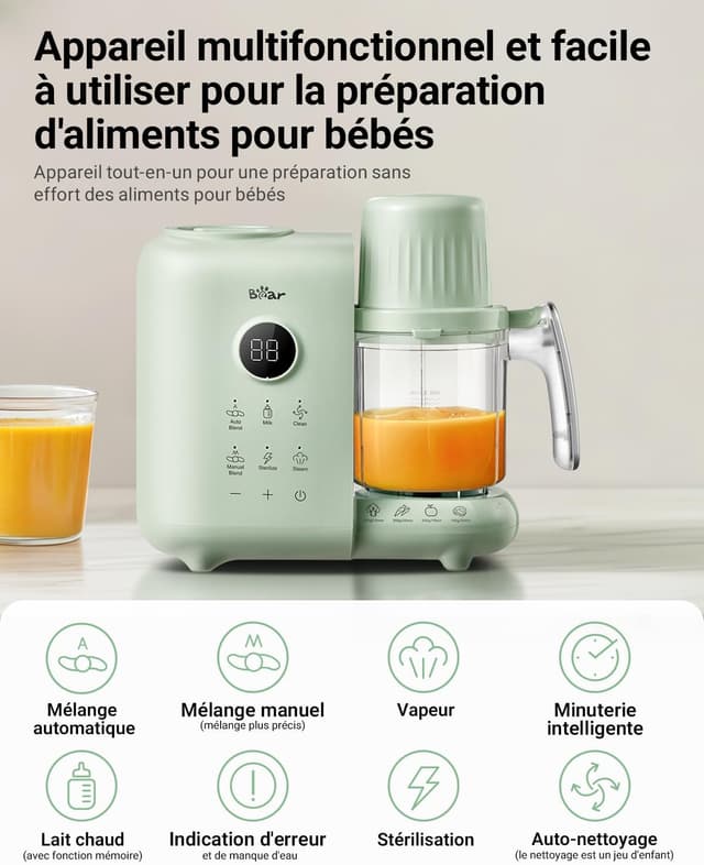 Detalle 2 de Bear Robot Cuiseur Mixeur Bébé avec panier vapeur 500 ml (sans BPA) : cuisson à la vapeur, mixage et désinfection