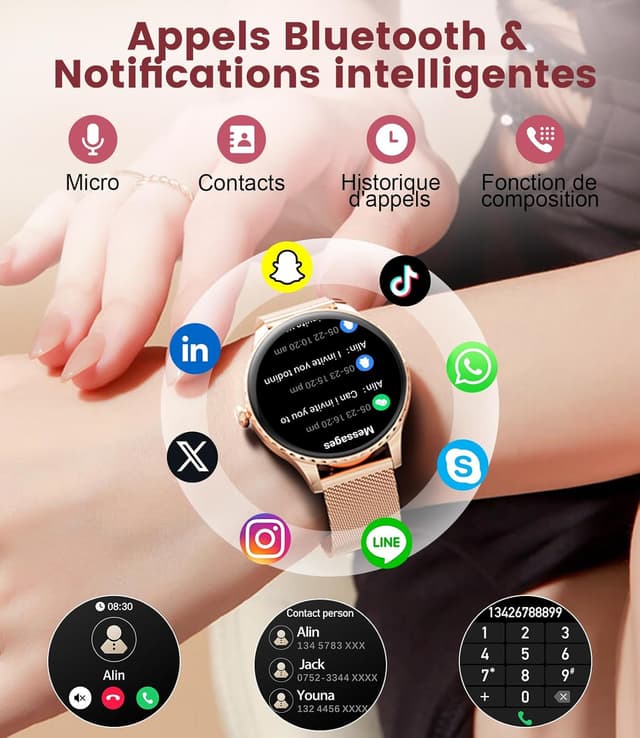 Detalle de Montre connectée femme LIGE SMART avec appels Bluetooth et écran AMOLED 1,32" IP68 (or rose)