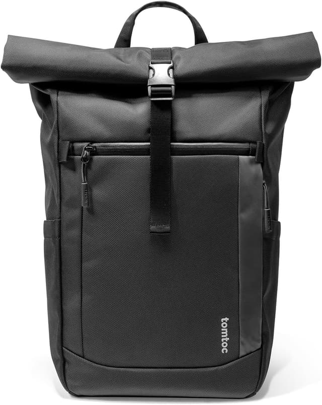 Detalle de tomtoc Rolltop Rucksack für Herren & Damen (25–30 L) mit 17,3-Zoll-Laptopfach – wasserdicht, Schwarz