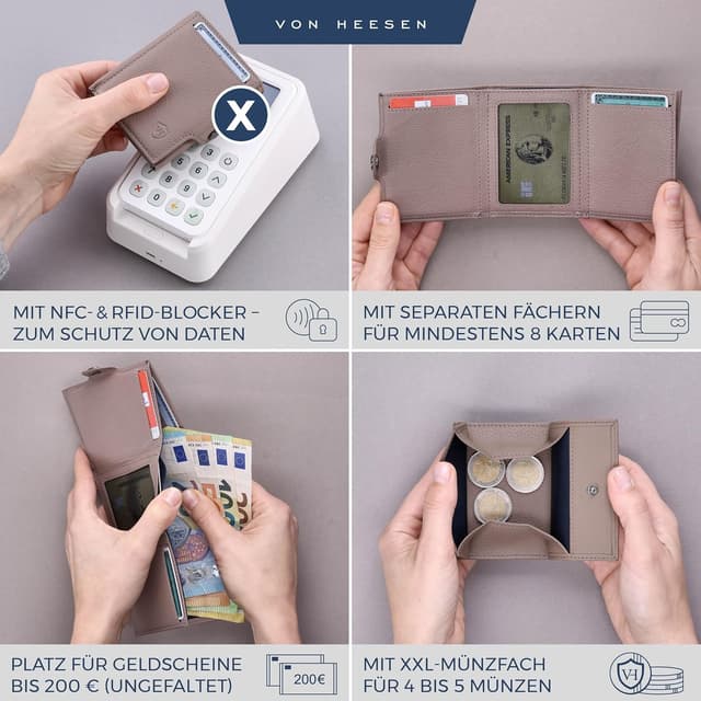 Detalle de VON HEESEN Slim Wallet mit XXL Münzfach & RFID-Schutz – Taupe, Leder-Geldbeutel im Kartenformat