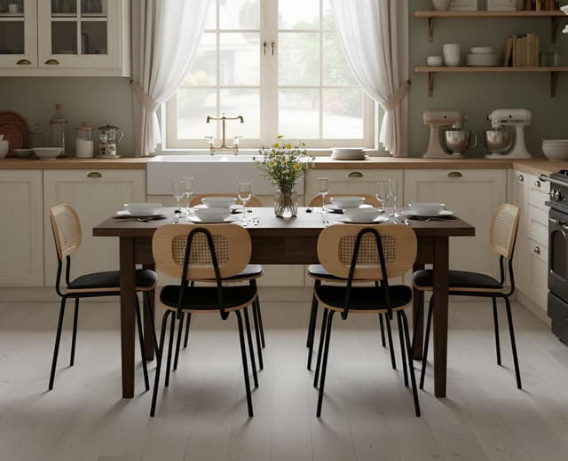 Detalle de chairus Lot de 2 chaises de salle à manger sans accoudoirs en cuir synthétique et dossier en rotin – Noir