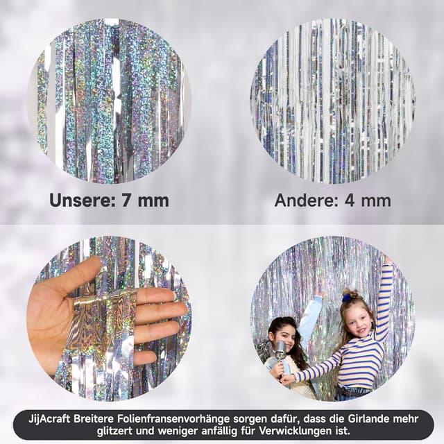 Detalle 2 de jijAcraft Lametta Vorhang Silber Glitzer – Metallic Party Deko, 2 Stück (1 m x 2,5 m)