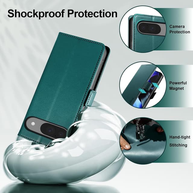 Detalle de Yunubeyii Handyhülle für Google Pixel 9/9 Pro mit Kartenfächern (RFID Blocker) und Magnetverschluss – Klapphülle mit Stand, grün