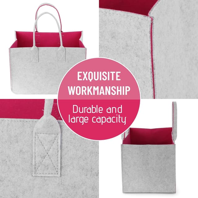 Detalle de Sinand 30L Einkaufskorb aus Synthetikfilz – faltbare Einkaufstasche mit Henkel, hellgrau/Rosérot