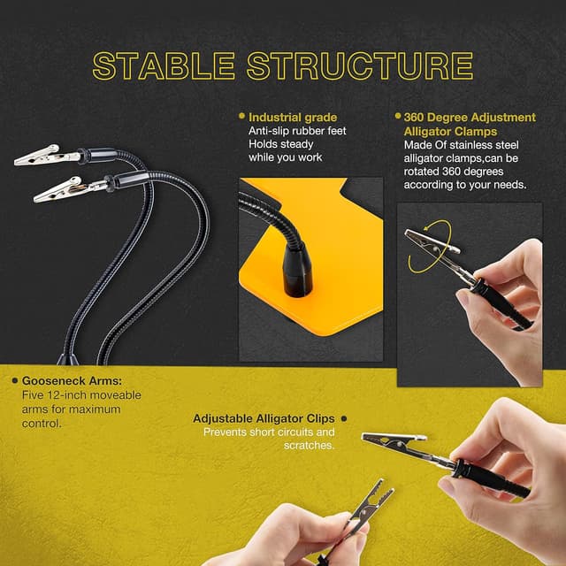 Detalle de Fstop Labs Kotto : loupe LED éclairée et troisième main pour soudure PCB, avec base lestée anti-dérapante
