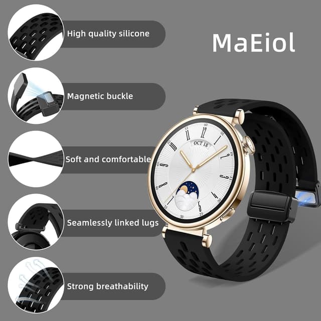 Detalle de MaEiol 18mm Silicone Strap with Magnetic Folding Clasp for Huawei Watch GT 6/5/4 (41mm) and selected Garmin models – Black