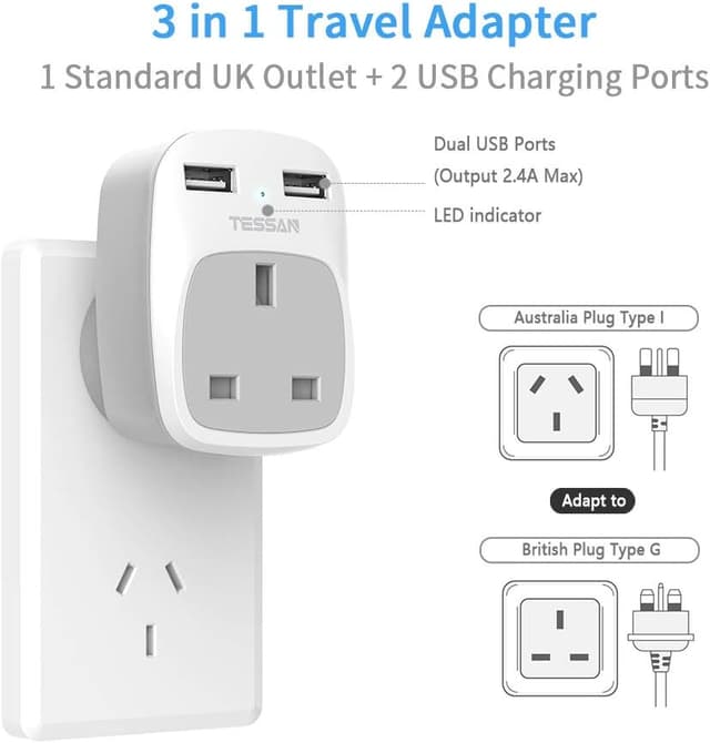Detalle 2 de TESSAN UK to Australia plug adapter with USB