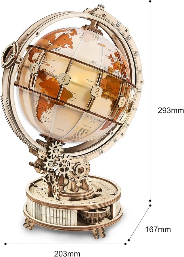 Detalle de ROKR 3D Holzpuzzle „Leuchtender Globus“ (ST003) mit LED – drehbares Holzmodell als Schreibtischdekoration