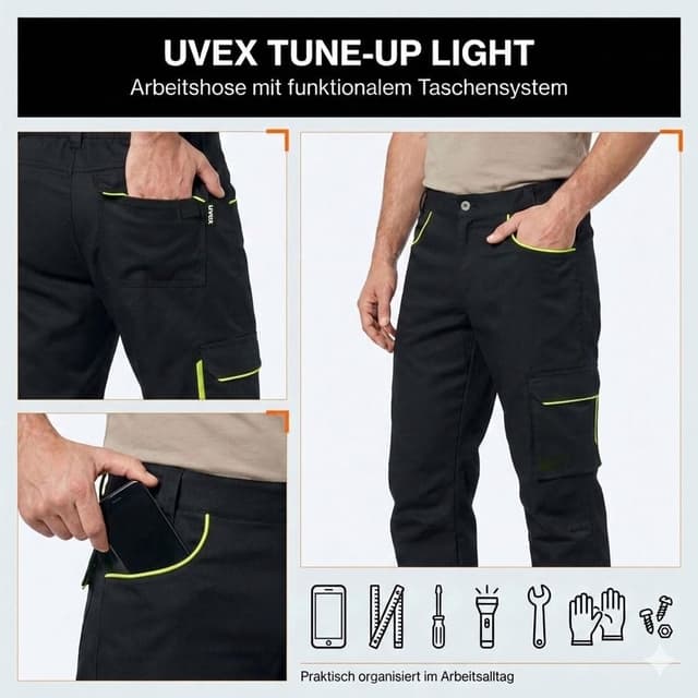 Detalle 2 de Uvex Tune-up Light Herren Arbeitshose mit 2-Wege-Stretch, Cargotaschen & Zollstocktasche