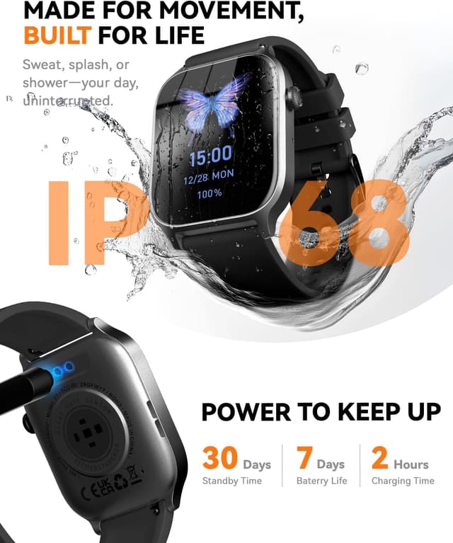 Detalle 2 de Smart Watch for Men Women (Classic Black, 1.83) – Bluetooth calling, IP68 fitness tracking & sleep