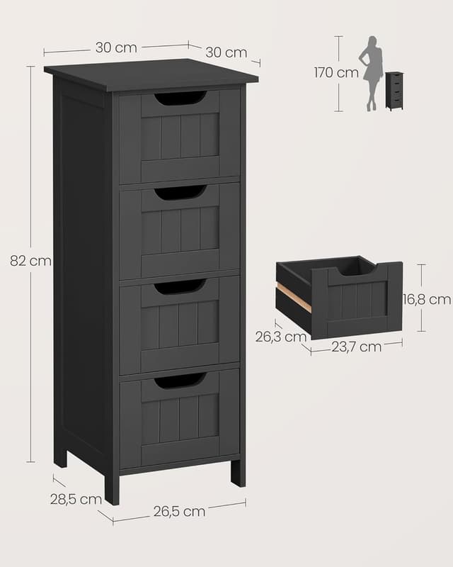 Detalle de VASAGLE Mobile da Bagno LHC040B01 con 4 cassetti e stile moderno nero inchiostro, 30 x 30 x 82 cm