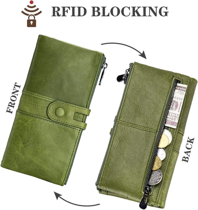 Detalle de Roulens genuine leather women’s slim bifold zipper wallet with RFID blocking