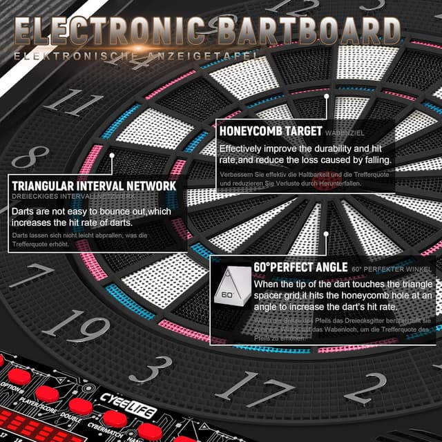 Detalle de CyeeLife Elektronische Dartscheibe mit Holzschrank, LED-Display, 34 Spielen & 355 Varianten (Deutsche Stimme)