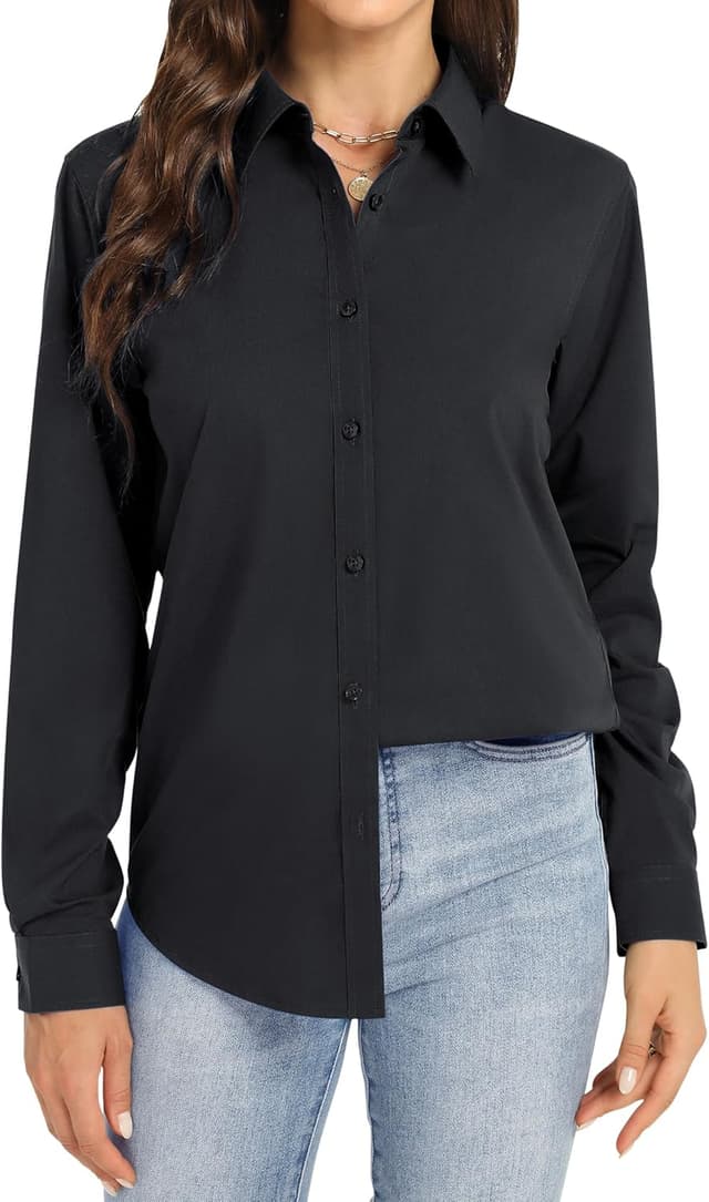 Detalle de J.VER Damen Bluse Business bügelfrei Langarm – Baumwolle/Elasthan, oversize, einfarbig mit Kragen