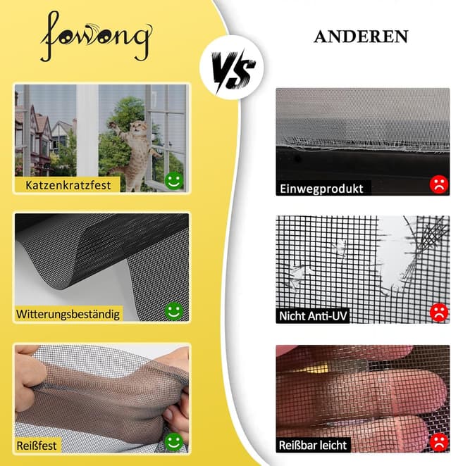 Detalle de fowong Fliegengitter Fenster 122×252 cm: Nanogitter DIY für Katzenkratzschutz, schwarz