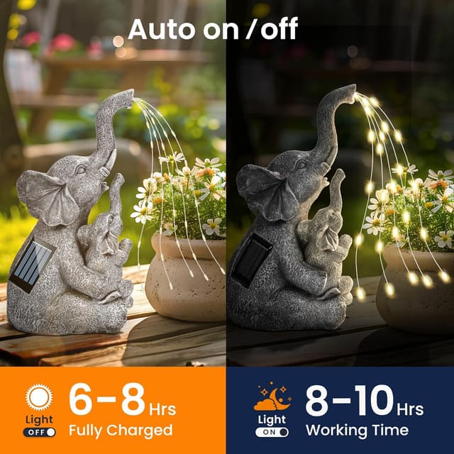 Detalle de GIGALUMI Solar Garden Statues Embrace Elephant figurine with solar lights for outdoor patio and yard decor