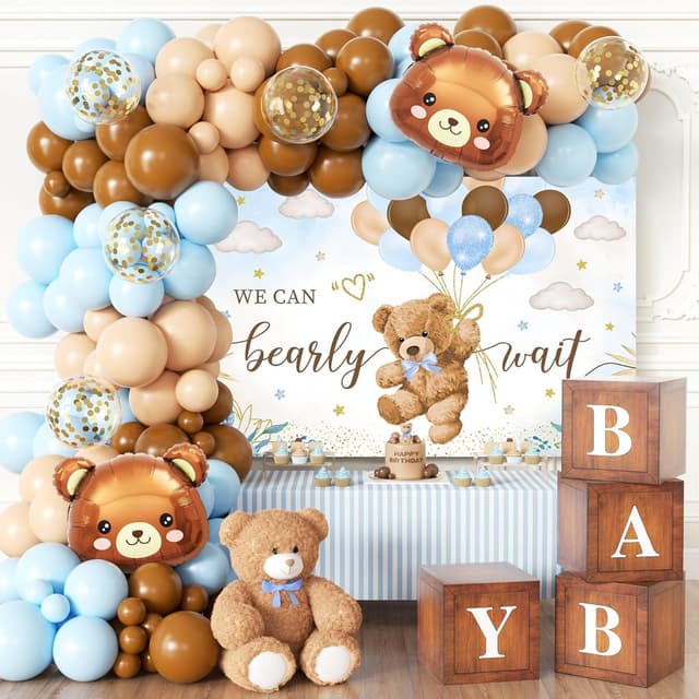 Detalle de Blue Bear Baby Shower Decorations for Boy (124pcs) — “We Can Bearly Wait” Backdrop, Balloon Set & Wood Grain Baby Boxes