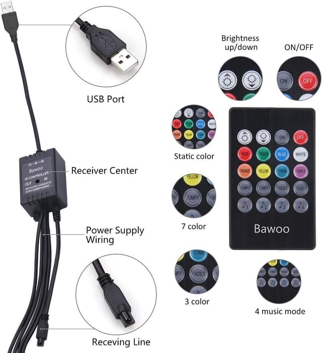 Detalle de Bawoo 4-in-1 Car Interior LED Atmosphere Light Strip Set with Remote Control (USB-powered)