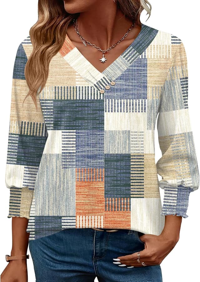 Detalle 2 de Rapbin Damen-Bluse mit 3/4-Arm, V-Ausschnitt & Knopfleiste – elegante Tunika für Sommer und Alltag