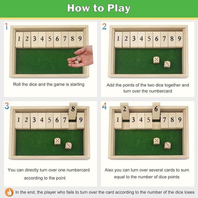 Detalle de Shut The Box Spiel für 2 Spieler (Holz) – Würfel- und Mathematik-Brettspiel zum Reisen