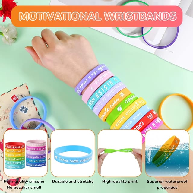 Detalle de Confezione da 24 braccialetti bambini in silicone con frasi motivazionali e amicizia (Tccydm 24)