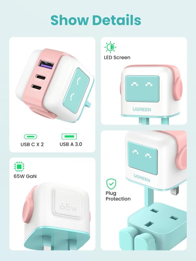 Detalle de UGREEN Uno Charger 65W USB-C GaN Nexode 3-Port (Blue) — 65W fast charger with charge-status display