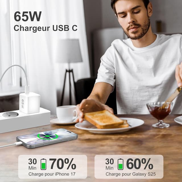 Detalle de Chargeur USB-C 65 W YISH avec GaN, prise secteur et câble USB-C 1 m