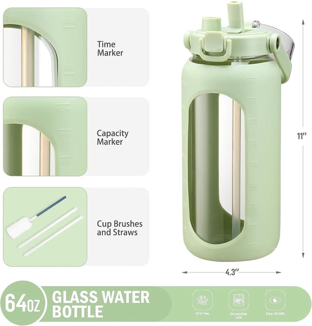 Detalle 2 de BLUEGO 2000ml Glas-Trinkflasche mit Strohhalm 📗