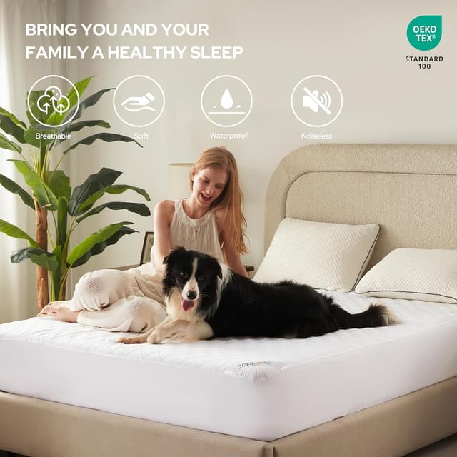 Detalle de BEDLORE Double Mattress Protector Waterproof (White) with Extra-Deep Fitted, Brushed Microfibre & TPU Layer