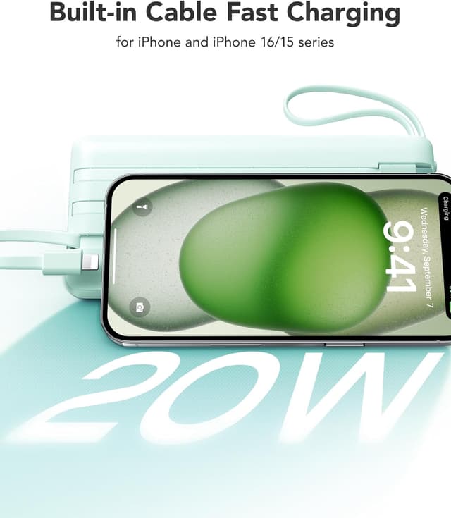 Detalle de VRURC Batterie Externe 20000mAh Power Bank USB C 20W à 4 câbles intégrés (Vert)