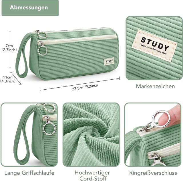 Detalle de KALIDI Cord-stoff Federmäppchen mit 3 Fächern – große Kapazität für Schule & Büro