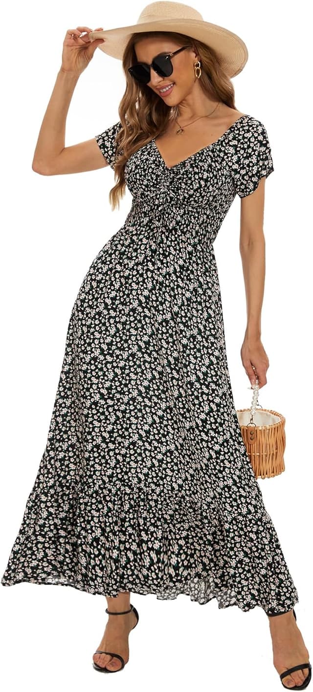 Detalle de Summer Floral Smocked Maxi Dress for Women (2026) – Rayon Boho Tiered A-Line Beach & Party Dress