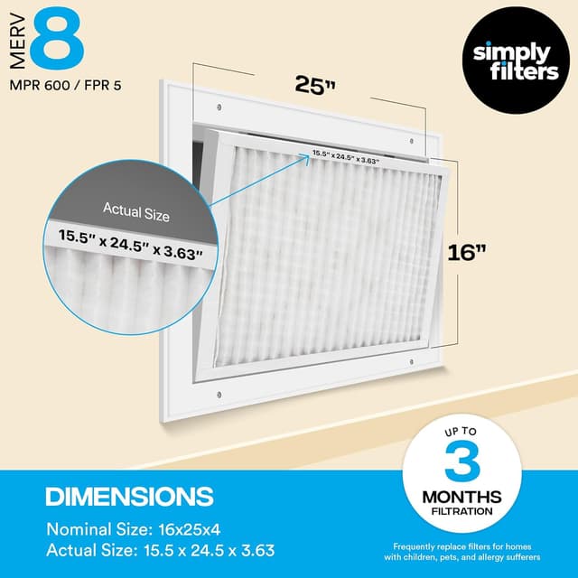Detalle de Simply 16x25x4 MERV 8 Air Filter (15.5x24.5x3.63 actual) — 4-Pack for Home AC, Furnace & HVAC