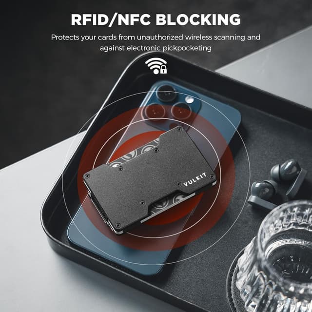 Detalle de VULKIT slim metal credit card holder with RFID blocking and money clip (Black)