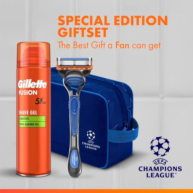 Detalle de Gillette Fusion5 UCL razor for men with Sensitive shave gel, 3 replacement blades and washbag