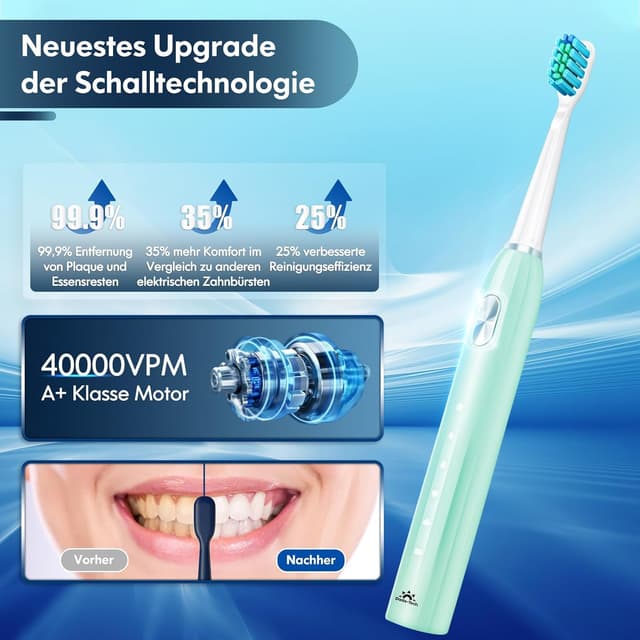 Detalle de DADA-TECH Schallzahnbürste mit 5 Putzmodi, Timer und 9 Zahnbürstenköpfen (Grün)