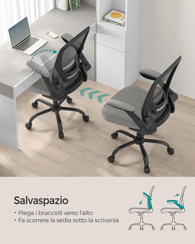 Detalle 2 de Sedia da ufficio SONGMICS OBN037G01 ergonomica con schienale a S, supporto lombare e braccioli pieghevoli