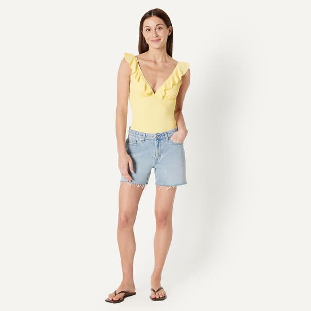 Detalle de Amazon Essentials Damen Badeanzug mit Rüschen und V-Ausschnitt – einteilig, Slim Fit